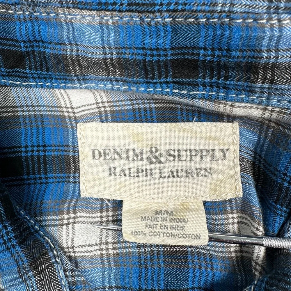 Vintage Denim & Supply‎ Ralph Lauren Shirt Womens Medium Button Front Plaid Blue